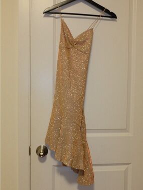 Sparkle Mermaid Asymmetrical Slip Dress in Rose Gold